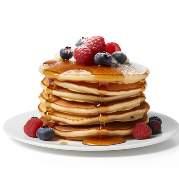 pancakes with berries and syrup isolated on white