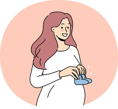 pregnant woman holding baby shoes, pink background clip art preview