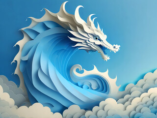 抽象的な龍と空に渦巻く雲の3dイラスト
