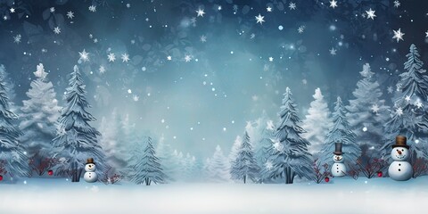 Christmas holiday trees. Border snow background. Snowflakes