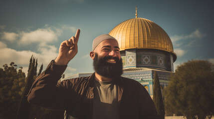 A man raises the victory sign in front of the Dome of the Rock Mosque in Jerusalem