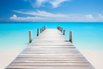 Vacation on a deserted island in the tropics, wooden jetty - obrazy, fototapety, plakaty