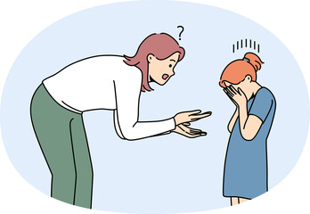 Young mother scold crying daughter