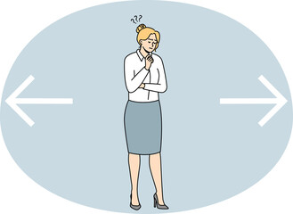 Confused businesswoman near huge arrows feel frustrated