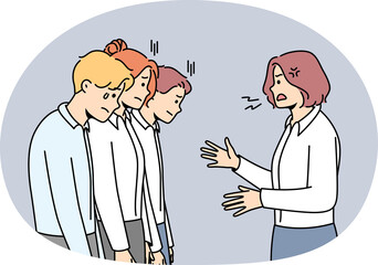 Furious businesswoman shout at stressed employees