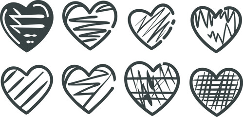 Different types of black love and heart design illustrations isolated on a white background - obrazy, fototapety, plakaty