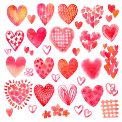 Watercolor hand drawn hearts for valentines day. Hearts set for greeting cards, prints, packaging design, textile, labels, stickers, postcards, element design. Red hearts in watercolor technique.
