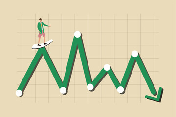 Investment volatility metaphor , financial stock market fluctuation rising up and falling down concept, Taking advantage of opportunities at the height of crises, the surfer businessman jumping 