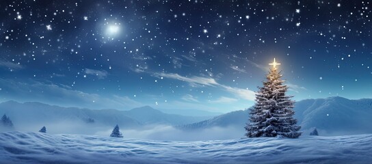 Christmas tree under starry glitter glow sky, idea for Christmas and new year background wallpaper, generative Ai