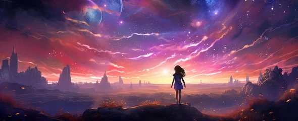 Poster painting style illustration a girl walking, under starry night sky, Generative Ai © QuietWord