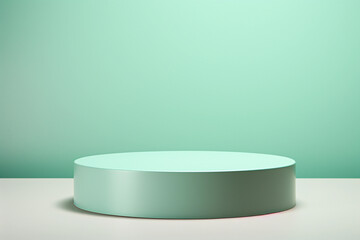 Sage green podium display background. Round stand for cosmetic products. Beauty product promotion mockup with pedestal near empty wall.