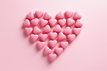 Obraz premium Pastel pink heart made of chocolate candies. Delicate background for Valentine's Day.