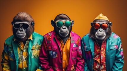 Three monkeys in colorful clothes and sunglasses posing on a yellow background. Illustration Ai generative - obrazy, fototapety, plakaty