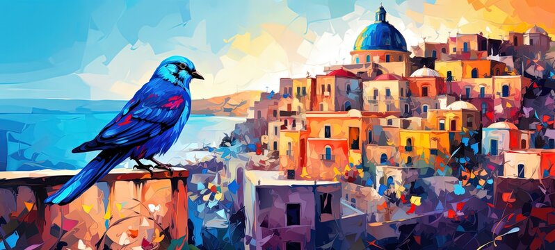 painting style illustration of a blue sparrow bird with aerial view of cliff top cityscape background, Generative Ai