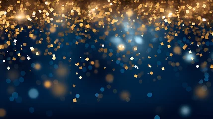 Foto op Plexiglas Christmas and New Year winter festive background. Falling small square pieces of gold foil and glowing circles of different sizes on blue blurred bokeh background with copy space for text. © Marina_Nov