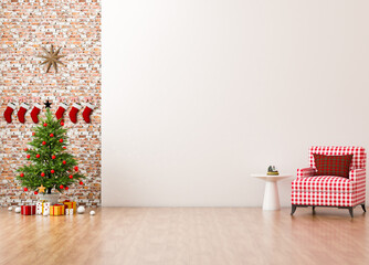 3d rendering wall mockup with christmas tree and gingham red sofa in room