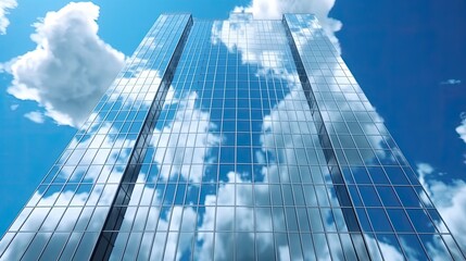 reflective skyscraper glass building with blue cloudy sky