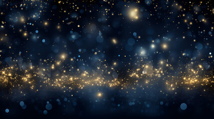 Christmas and New Year winter festive background. Yellow scattering of stars and glowing blue circles of different sizes on dark blue blurred bokeh background with copy space for text. - obrazy, fototapety, plakaty