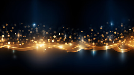 Fototapeta na wymiar Christmas and New Year winter festive background. Abstract yellow pattern with smooth lines and glowing circles of different sizes on dark blue blurred bokeh background with copy space for text.