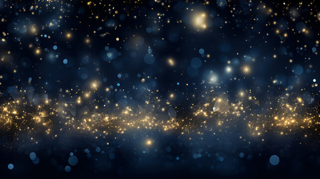 Christmas and New Year winter festive background. Yellow scattering of stars and glowing blue circles of different sizes on dark blue blurred bokeh background with copy space for text.