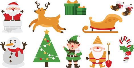 Christmas Vector Characters Set. santa claus, gift, stocking, sleigh, reindeer, candy cane, dwarf, elf, tree, snowman. cute christmas character, christmas element, Vector Illustrations.