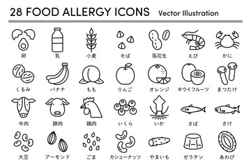 食物アレルギーのアイコンの線画のイラストセット