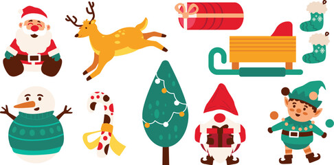 Christmas Vector Characters Set. santa claus, gift, stocking, sleigh, reindeer, candy cane, dwarf, elf, tree, snowman. cute christmas character, christmas element, Vector Illustrations.
