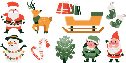 Christmas Vector Characters Set. santa claus, gift, stocking, sleigh, reindeer, candy cane, dwarf, elf, tree, snowman. cute christmas character, christmas element, Vector Illustrations.