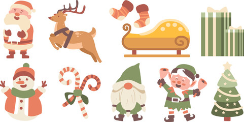 Christmas Vector Characters Set. santa claus, gift, stocking, sleigh, reindeer, candy cane, dwarf, elf, tree, snowman. cute christmas character, christmas element, Vector Illustrations.