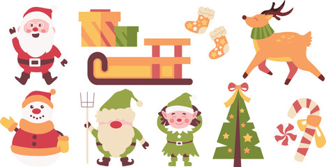 Christmas Vector Characters Set. santa claus, gift, stocking, sleigh, reindeer, candy cane, dwarf, elf, tree, snowman. cute christmas character, christmas element, Vector Illustrations.
