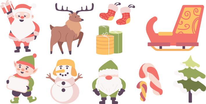 Christmas Vector Characters Set. santa claus, gift, stocking, sleigh, reindeer, candy cane, dwarf, elf, tree, snowman. cute christmas character, christmas element, Vector Illustrations.
