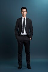 Obraz na płótnie Canvas full length image of young asian businessman, single color background, generative ai