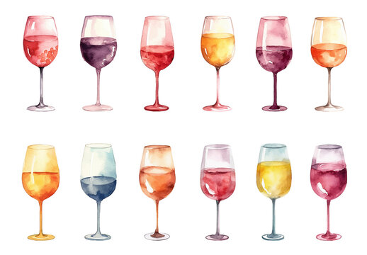 Vector watercolor painted wine glasses clipart. Hand drawn design elements isolated on white background.