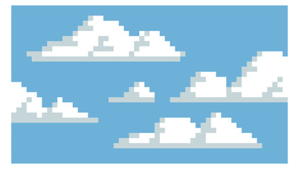 Pixel art clouds landscape background . cloudy skies Retro 8 bit 16 bit blue sky aerial cloud pixel art background vector illustration