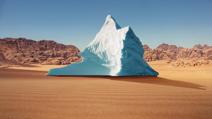 Melting glaciers, creative idea. Iceberg in the desert, concept. Global warming and climate change.