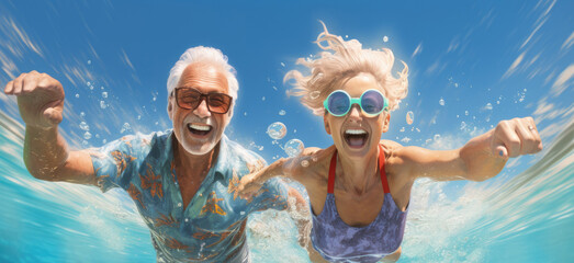 cheerful couple of old people swim in sea