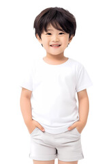 Adorable Asian Japanese Boy with White Blank T-shirt and Comfortable Shorts Mockup for Trendy E-commerce Fashion