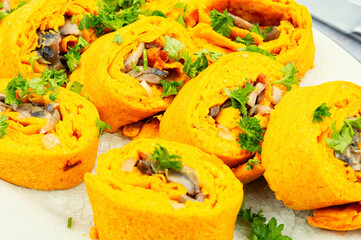 Pumpkin rolls with mushrooms