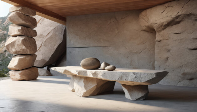 A stone table with two small rocks on it next to a wall has a large rock formation on it