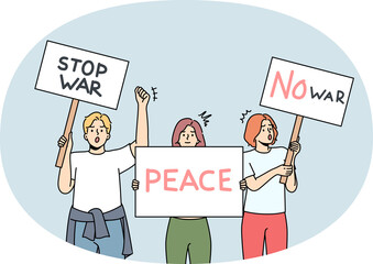 Diverse people with posters on anti-war demonstration