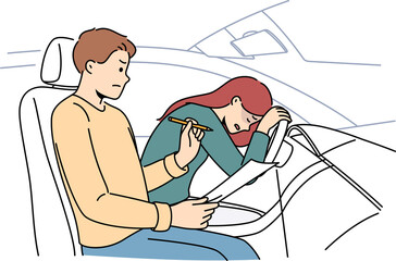 Woman failed driver license test cries, sitting in car near instructor making mark on clipboard.