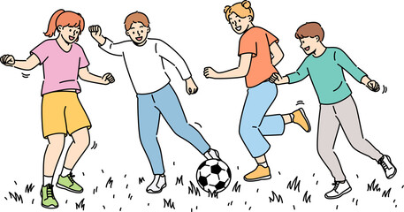 Happy children play football, enjoy summer holidays and running on lawn and kicking football ball