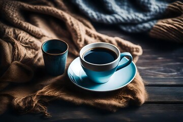 upper view of a hot cup of coffe next to a soft fluffy wool plaid on a rustic wooden surface , blue and beige tones