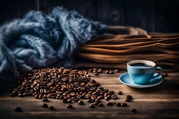 warm cup of coffe and soft fluffy wool plaid on a rustic wooden surface ,coffee seeds , blue and beige tones