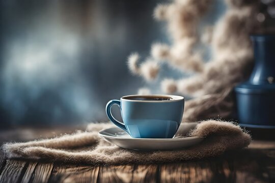blue and beige warm coffee cup and soft fluffy wool plaid on wooden surface , cozy coffee presentation