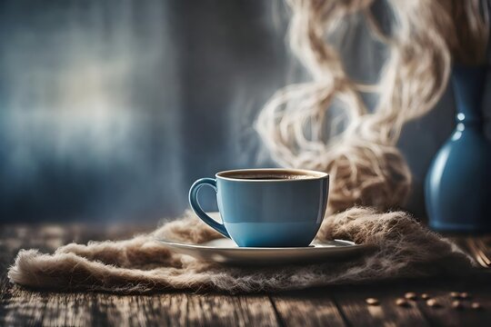 blue and beige coffee presentation template , wooden surface and soft wool plaid , relaxing ambiance