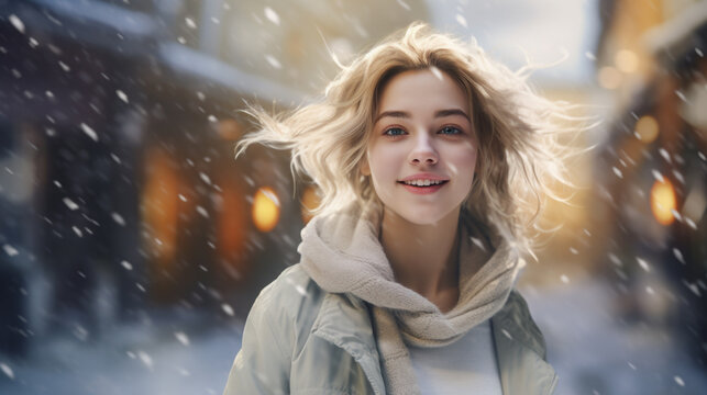 Portrait of a cheerful beautiful young woman in warm clothes. Outdoor. Winter snowing weather. Smiling and calm. Long curly hair. Urban snowing winter beauty fashion concept. Generative Ai content 