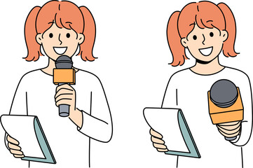 Little girl reporter with microphone smiling participating in shooting of educational TV show