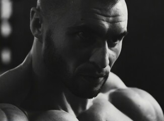 Bodybuilder face closeup while training at the gym