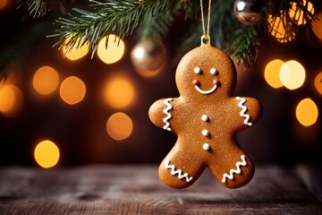 Gingerbread man cookies hanging on the Christmas tree. New Year and Christmas holidays concept